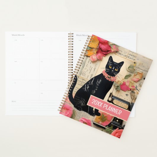 Zwarte kat naaimachine retro collage planner (Display)