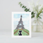 Zwarte kat Noir Chat Kijken naar Eiffeltoren Kunst Briefkaart (Staand voorkant)