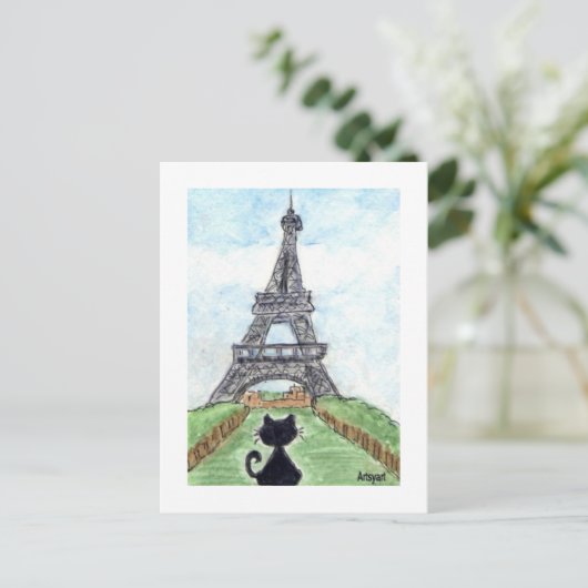 Zwarte kat Noir Chat Kijken naar Eiffeltoren Kunst Briefkaart (Staand voorkant)