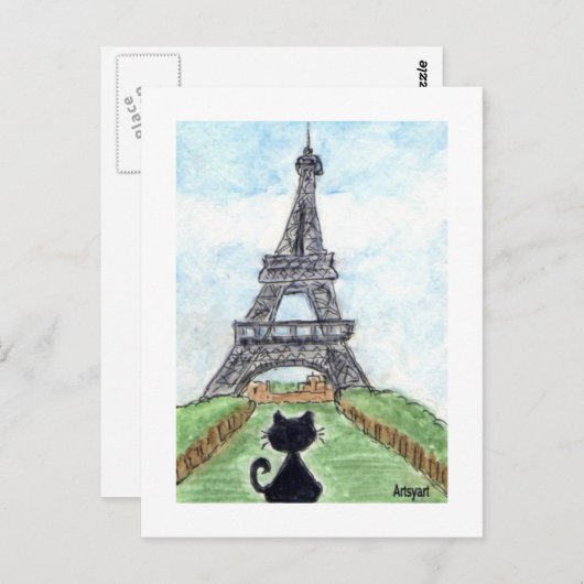 Zwarte kat Noir Chat Kijken naar Eiffeltoren Kunst Briefkaart (Voorkant / Achterkant)