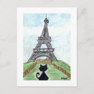 Zwarte kat Noir Chat Kijken naar Eiffeltoren Kunst Briefkaart