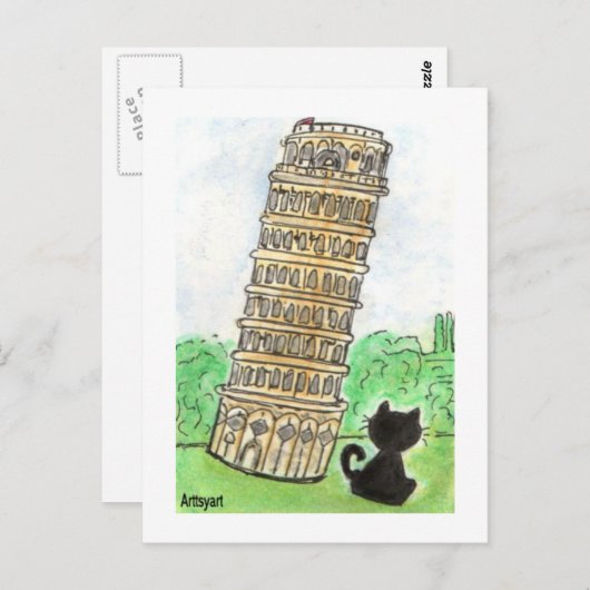 Zwarte kat Noir Chat Leaning Tower of Pisa Art Briefkaart (Voorkant / Achterkant)