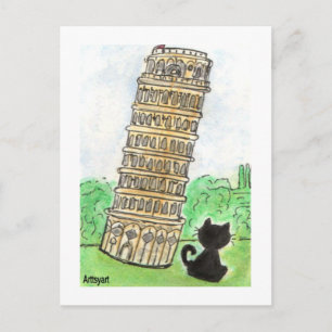 Zwarte kat Noir Chat Leaning Tower of Pisa Art Briefkaart