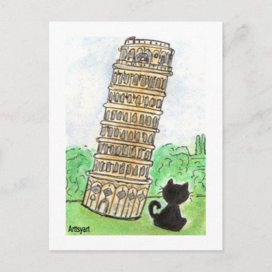 Zwarte kat Noir Chat Leaning Tower of Pisa Art Briefkaart (Voorkant)