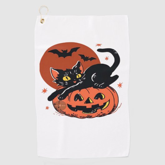 Zwarte kat, nostalgisch Halloween Classic T-shirt Golfhanddoek (Voorkant)
