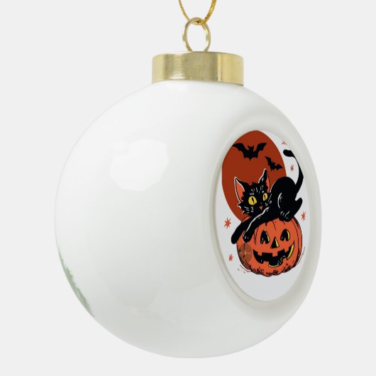 Zwarte kat, nostalgisch Halloween Classic T-shirt Keramische Bal Ornament (Links)