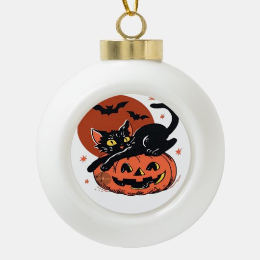 Zwarte kat, nostalgisch Halloween Classic T-shirt Keramische Bal Ornament (Voorkant)