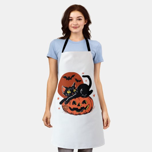 Zwarte kat, nostalgisch Halloween Classic T-shirt Schort (Gedragen)