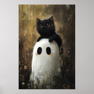 Zwarte kat omhelst cute geest afdruk, digitaal Hal Poster