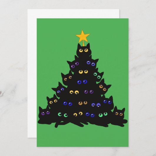 Zwarte kat omhoog gedraaid in kerstboomverlichting kaart (Voorkant / Achterkant)