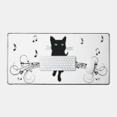 Zwarte kat omringd door fluisterende muzieknoten bureaumat (Keyboard & Muis)