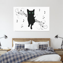 Zwarte kat omringd door fluisterende muzieknoten canvas afdruk