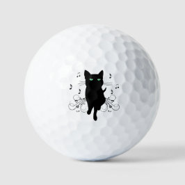 Zwarte kat omringd door fluisterende muzieknoten golfballen