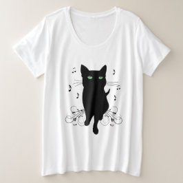 Zwarte kat omringd door fluisterende muzieknoten grote maat t-shirt