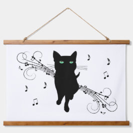 Zwarte kat omringd door fluisterende muzieknoten hangend wandkleed