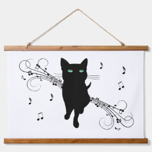 Zwarte kat omringd door fluisterende muzieknoten hangend wandkleed