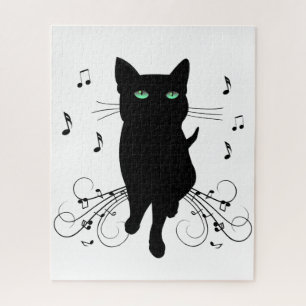 Zwarte kat omringd door fluisterende muzieknoten legpuzzel