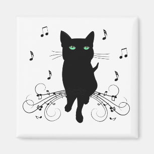 Zwarte kat omringd door fluisterende muzieknoten magneet