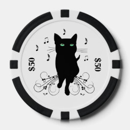 Zwarte kat omringd door fluisterende muzieknoten poker chips