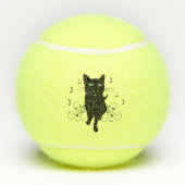 Zwarte kat omringd door fluisterende muzieknoten tennisballen (Achterkant)