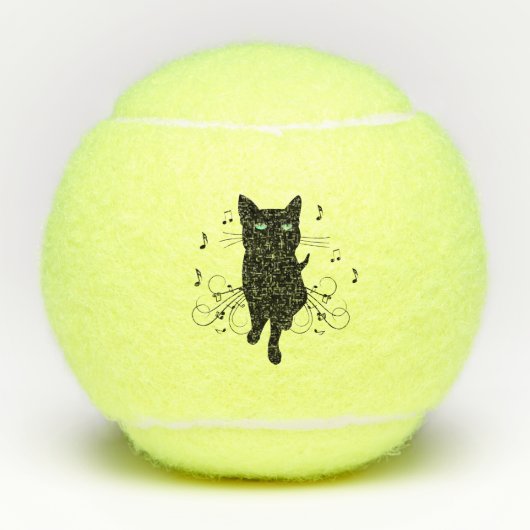 Zwarte kat omringd door fluisterende muzieknoten tennisballen (Voorkant)