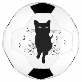 Zwarte kat omringd door fluisterende muzieknoten voetbal