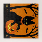 Zwarte kat omringd door Jack-o'-Lanterns op Hallow Legpuzzel (Horizontaal)