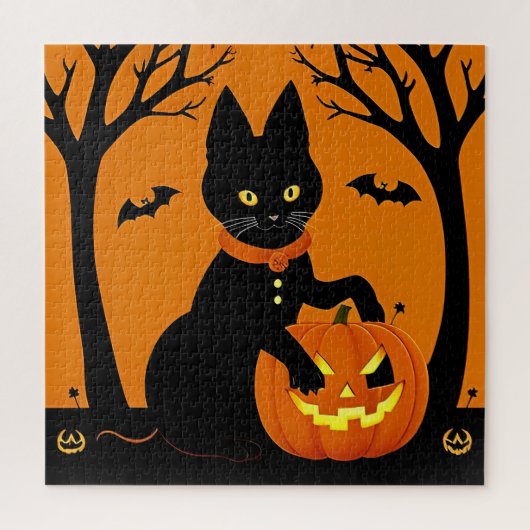 Zwarte kat omringd door Jack-o'-Lanterns op Hallow Legpuzzel (Verticaal)
