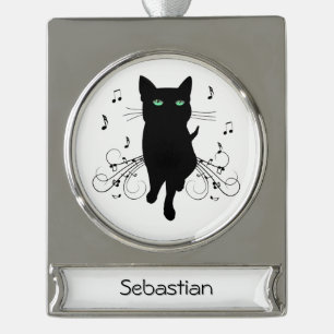 Zwarte kat omringd door muzieknoten naam verzilverd banner ornament