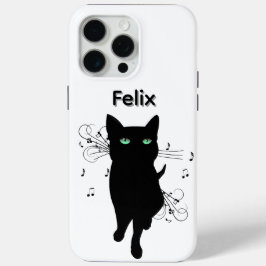 Zwarte kat omringd door muzieknoten persoonlijk iPhone 15 pro max hoesje