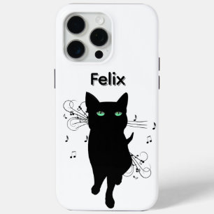 Zwarte kat omringd door muzieknoten persoonlijk iPhone 15 pro max hoesje