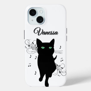 Zwarte kat omringd door muzieknoten persoonlijk iPhone 15 case