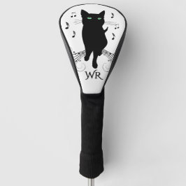 Zwarte kat omringd door muzieknoten persoonlijk  golfheadcover