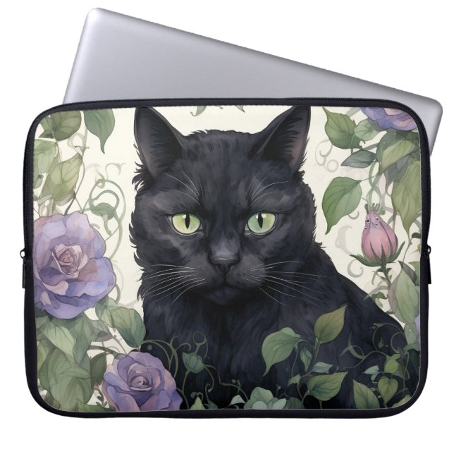 ZWARTE KAT OMRINGD DOOR PLANTEN EN BLOEMEN LAPTOP SLEEVE (Voorkant)