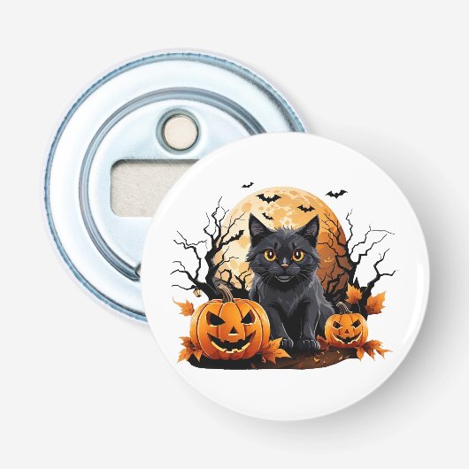 Zwarte kat omringd door pompoenen button flesopener (Voorkant)