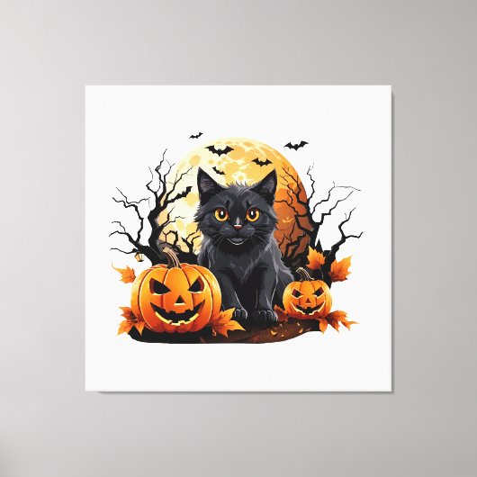 Zwarte kat omringd door pompoenen canvas afdruk (Voorkant)