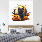 Zwarte kat omringd door pompoenen canvas afdruk (Insitu (Slaapkamer))