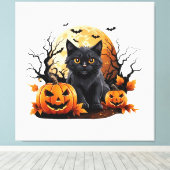 Zwarte kat omringd door pompoenen canvas afdruk (Insitu (Houten vloer))