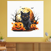 Zwarte kat omringd door pompoenen canvas afdruk (Insitu (Woonkamer))