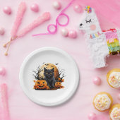 Zwarte kat omringd door pompoenen papieren bordje (Feest)