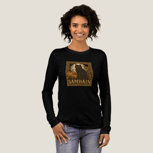 Zwarte kat onder de Samhain Moon Keltische knoop Tri-Blend Shirt (Voorkant)