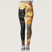 Zwarte kat onder een oogstmaan en pompoenen leggings (Voorkant)