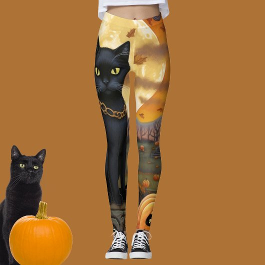 Zwarte kat onder een oogstmaan en pompoenen leggings