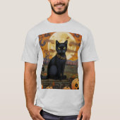 Zwarte kat onder een oogstmaan en pompoenen t-shirt (Voorkant)