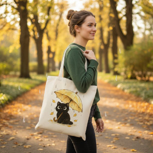 Zwarte kat onder paraplu regenachtige dag boodscha tote bag