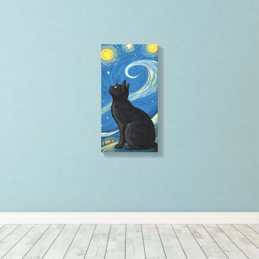Zwarte kat onder sterrenhemel, levendige Pop kunst Canvas Afdruk (Insitu (Houten vloer))