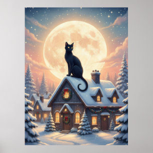 Zwarte Kat Onder Volle Maan Poster