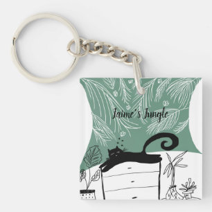 Zwarte Kat Ontspannen Plant Jungle Sleutelhanger