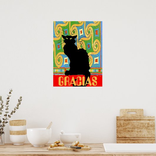 Zwarte Kat op Abstract behangpapier, bewerken teks Poster (Keuken)