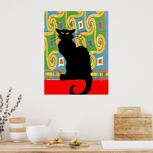 Zwarte kat op Abstract behangpapier Poster (Keuken)